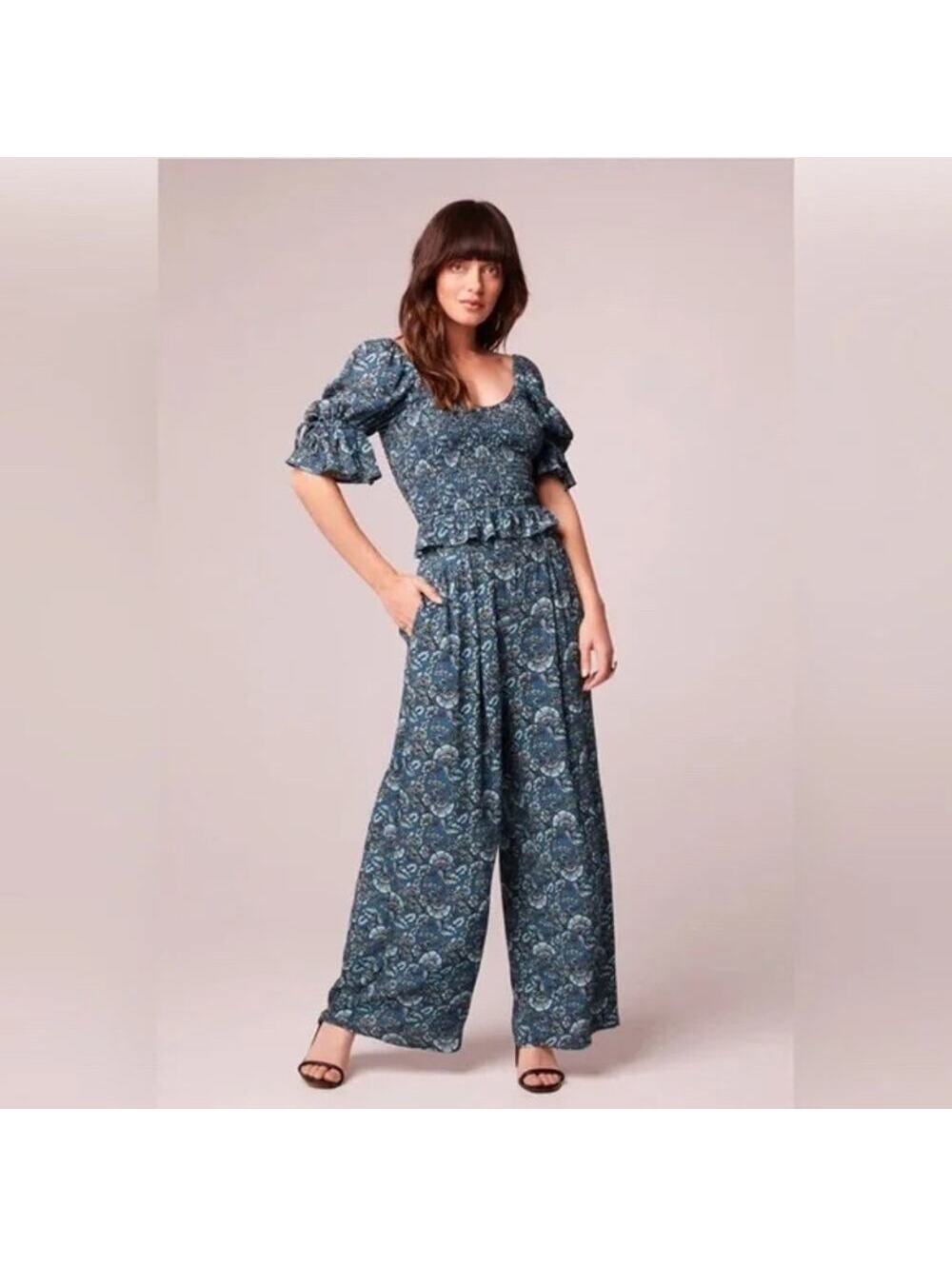 Band of the Free NWT Elise Floral Wide Leg Pull On Pants Deep Teal Aqua S